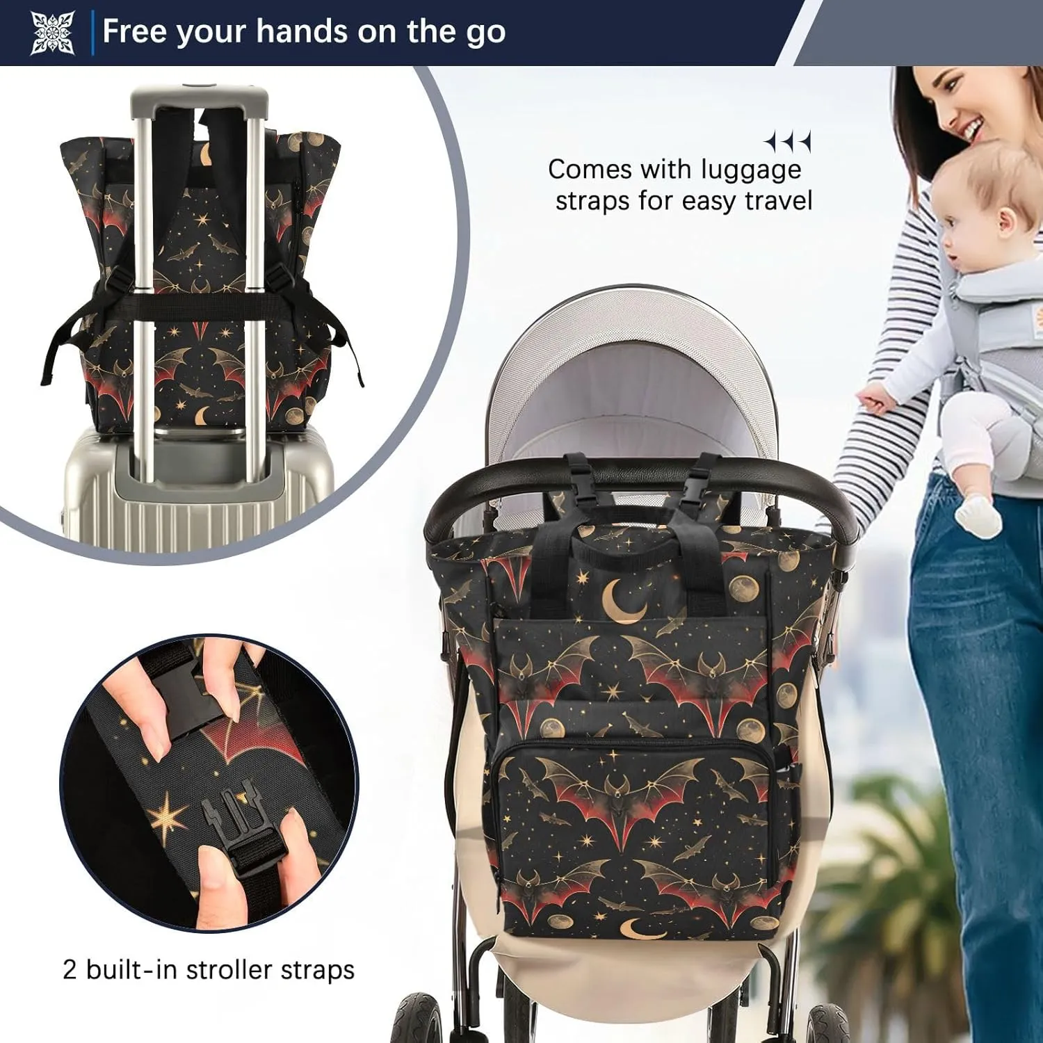 senya Diaper Bag Backpack, Bat Crescent Star Multifunction Travel Bag for Moms Dads
