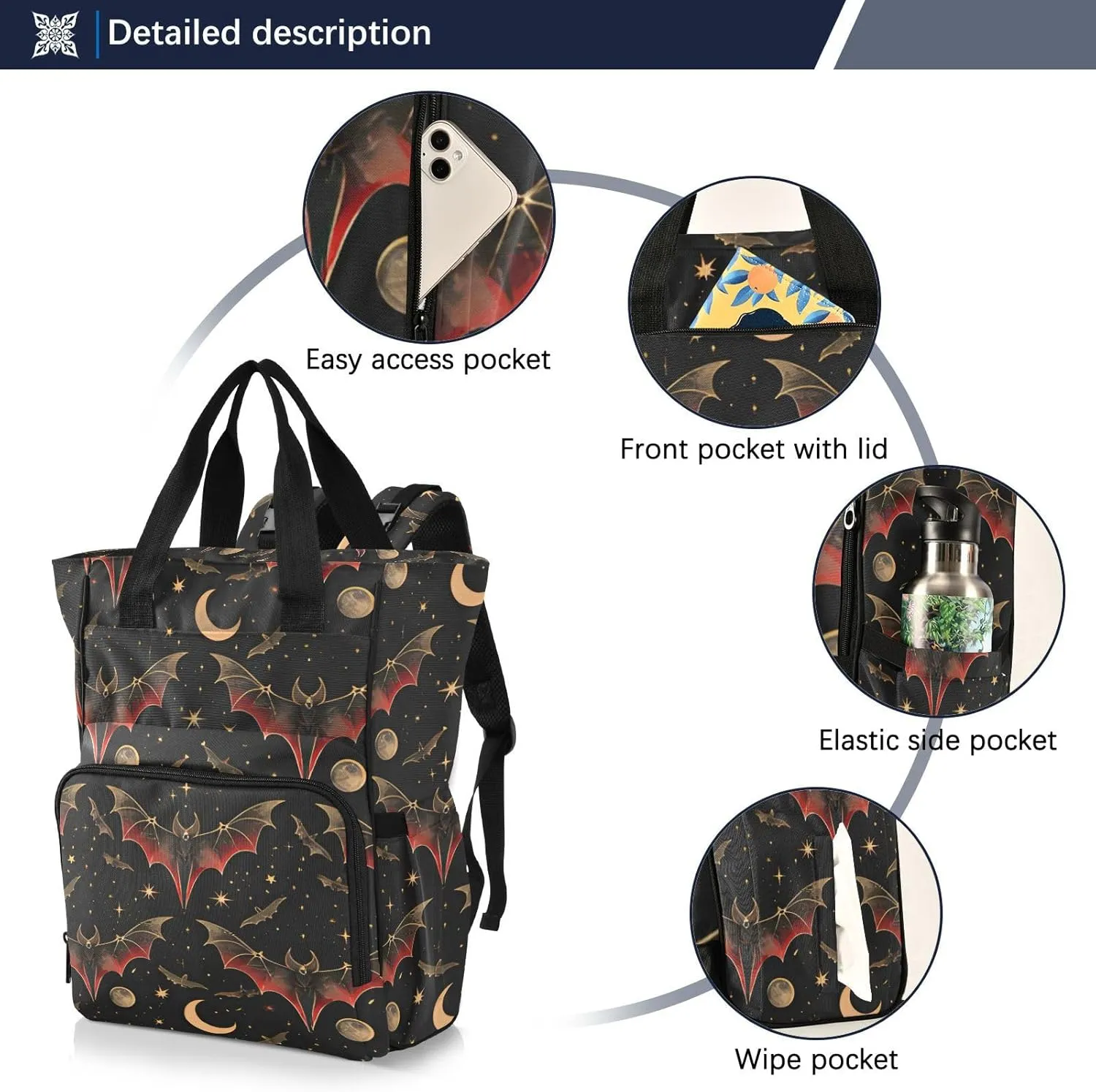 senya Diaper Bag Backpack, Bat Crescent Star Multifunction Travel Bag for Moms Dads
