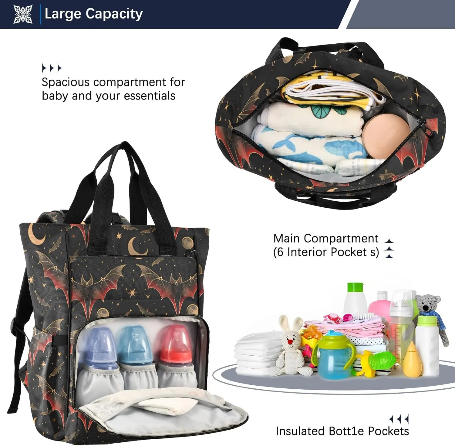 senya Diaper Bag Backpack, Bat Crescent Star Multifunction Travel Bag for Moms Dads