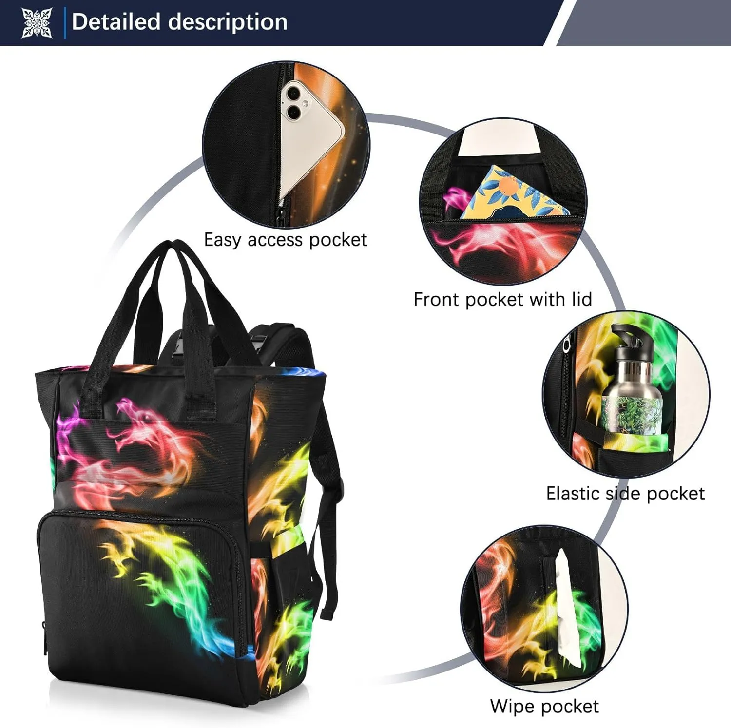senya Diaper Bag Backpack, Magical Dragon Multifunction Travel Bag for Moms Dads