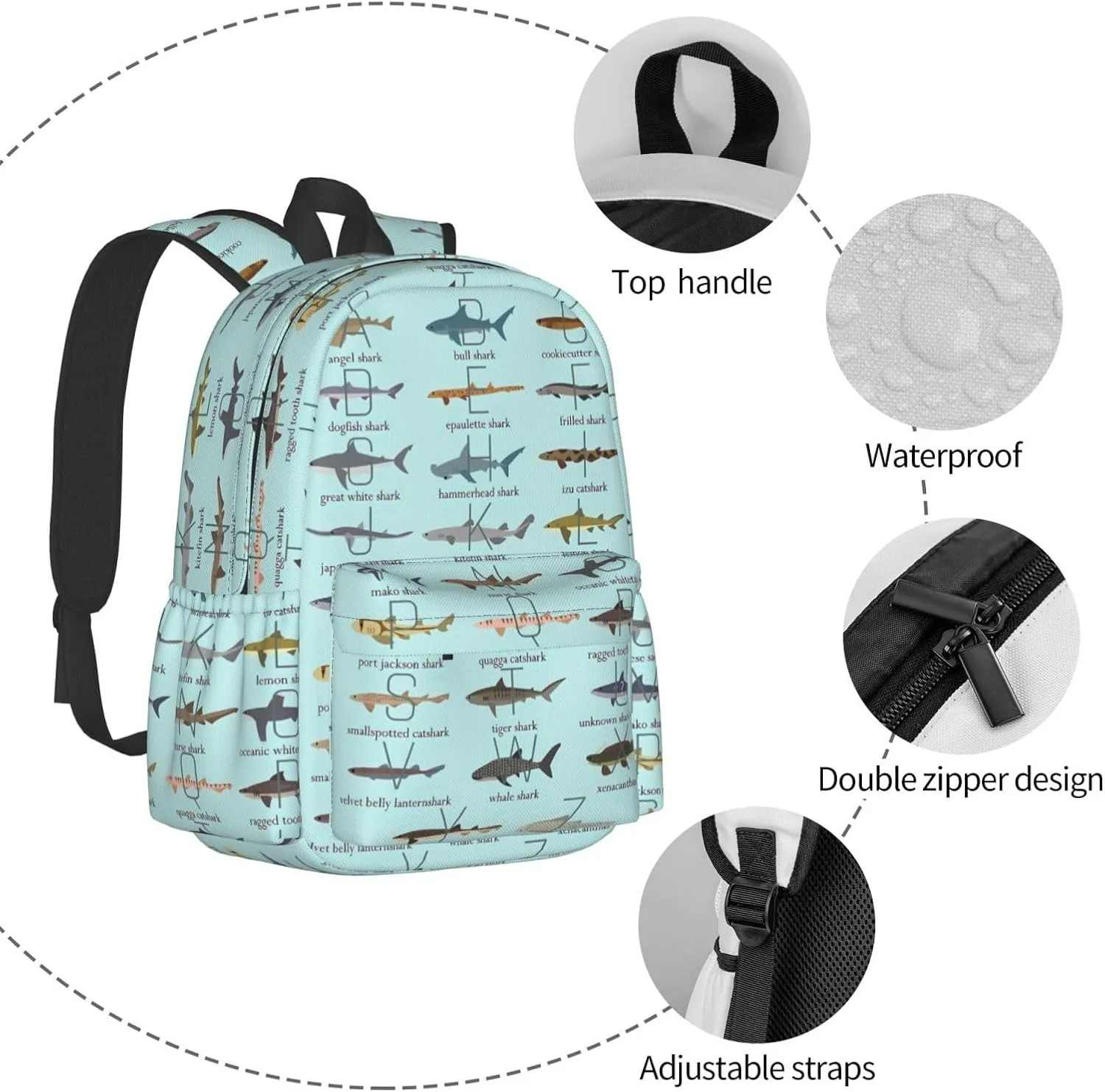 Shark Alphabet Laptop Backpack Shoulder Bag Laptop Pack Travel Backpacks Commuter Back Pack Casual Daypack Bags With Side Pockets