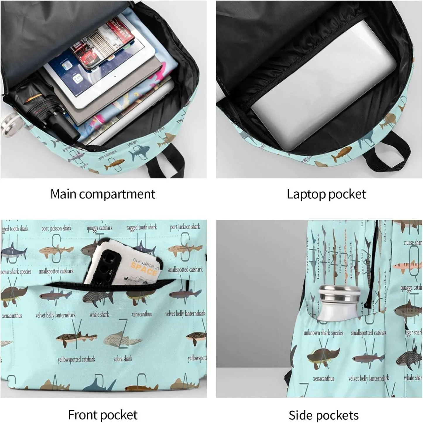 Shark Alphabet Laptop Backpack Shoulder Bag Laptop Pack Travel Backpacks Commuter Back Pack Casual Daypack Bags With Side Pockets