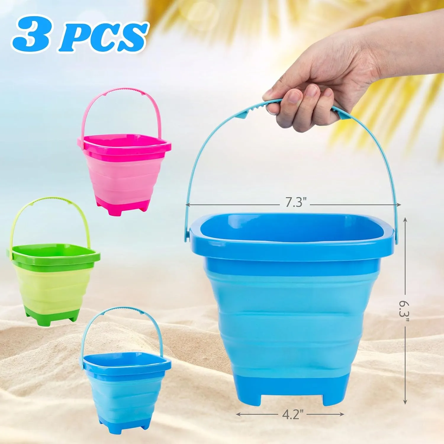 Shindel 3Set Collapsible Beach Toys for Kids, Foldable Beach Bucket for Summer Outdoor Activities, Camping Gear, Travelling, Buckets with Handles