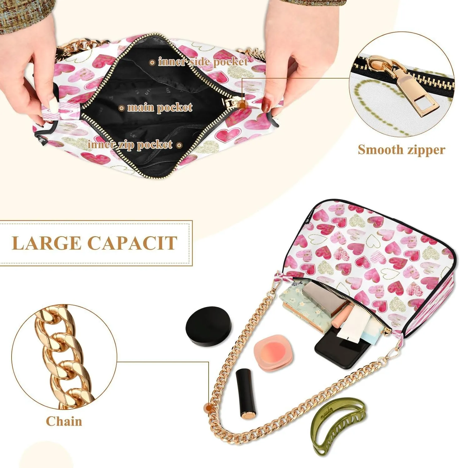 Shoulder Bag for Women Hobo Tote Handbag Gold Chain Crossbody Bag with Zipper Clutch Purse Handbags
