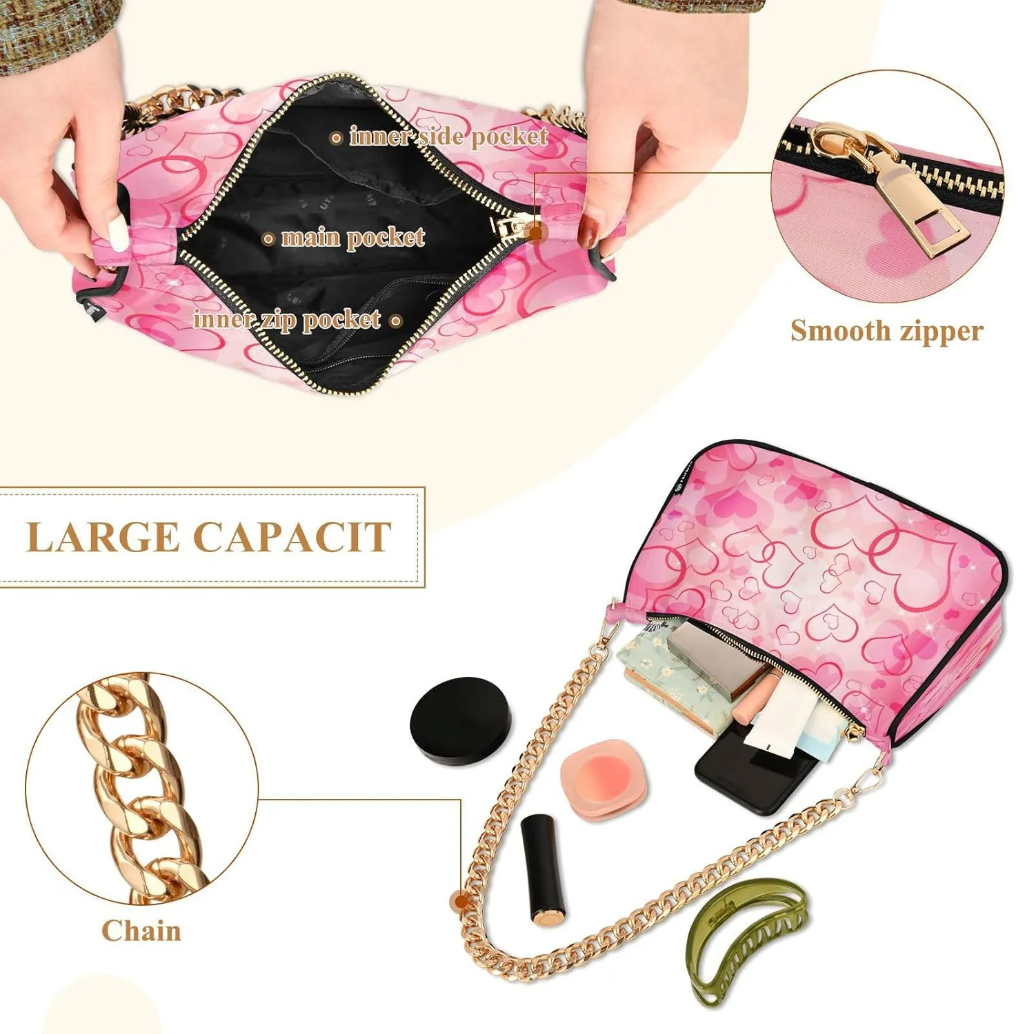 Shoulder Bag for Women Hobo Tote Handbag Gold Chain Crossbody Bag with Zipper Clutch Purse Handbags