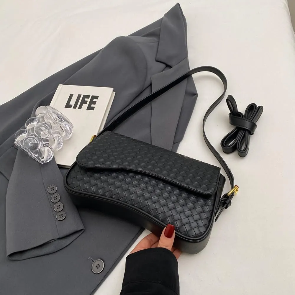 Shoulder Bag for Women Vegan Leather Hobo Handbags Y2K Trendy Saddle Bag Clutch Purse with 2 Removable Strap