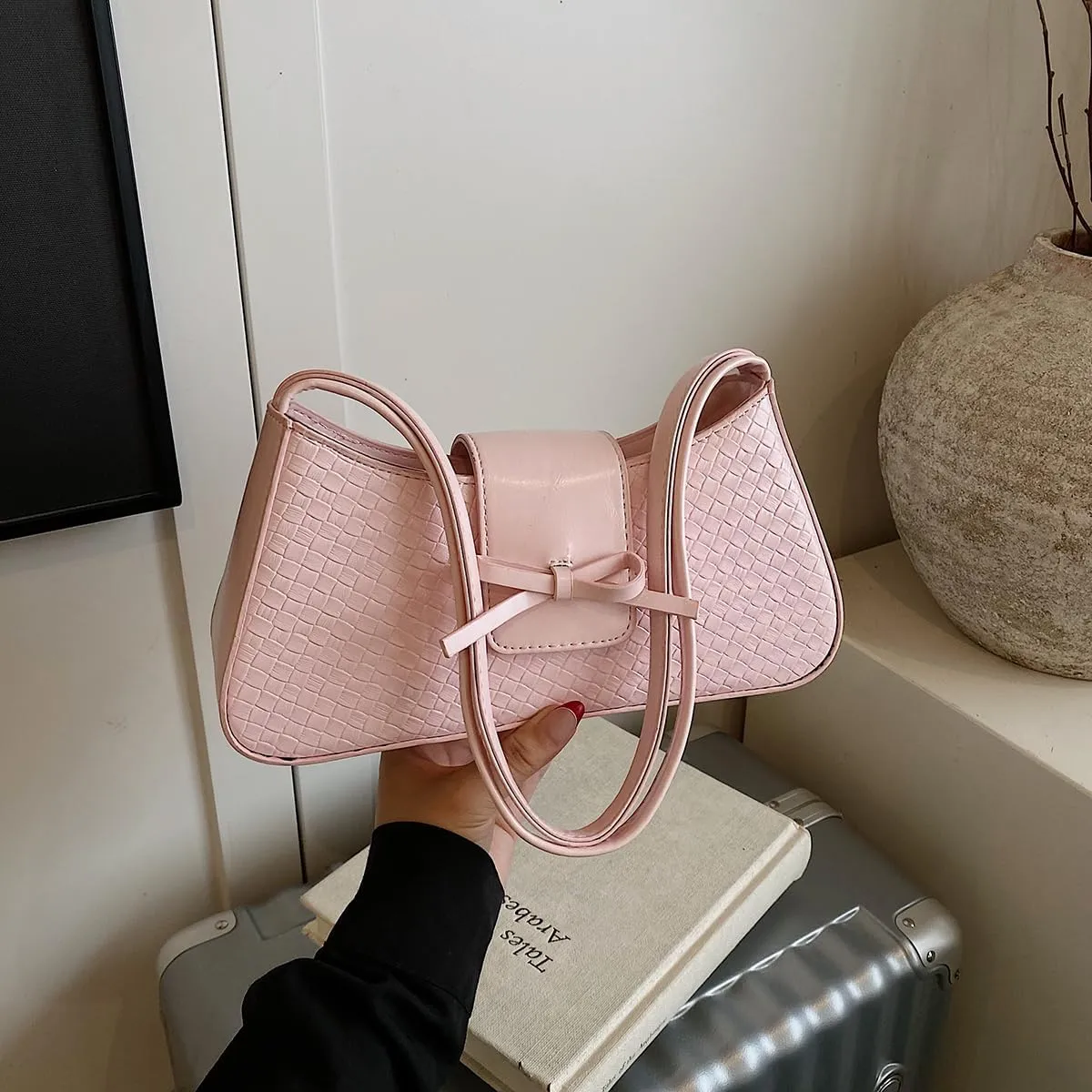 Shoulder Bags for Women Woven Purses and Handbags Coquette Bow Purse Y2k Bag Vegan Leather Small Clutch Hobo Handbag