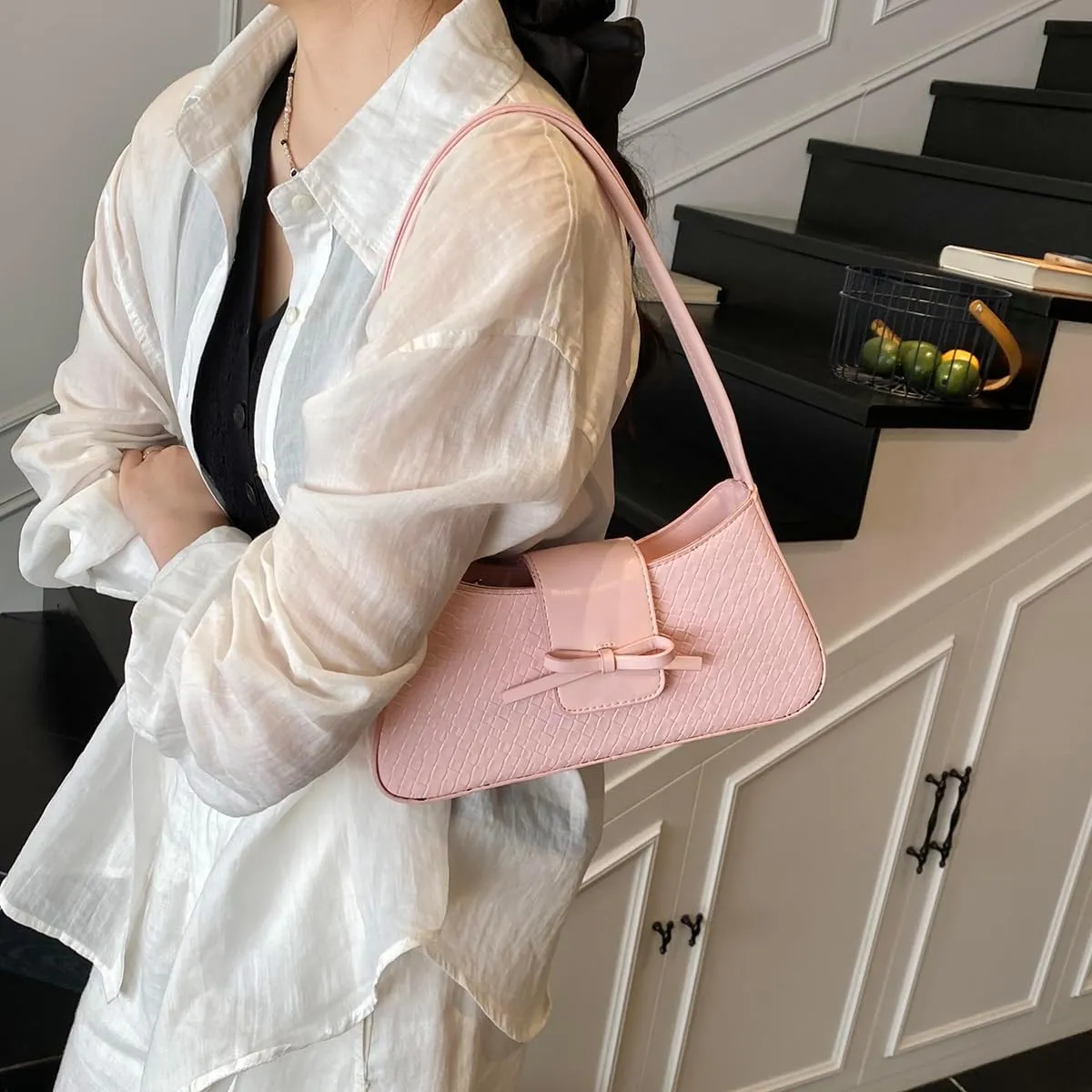 Shoulder Bags for Women Woven Purses and Handbags Coquette Bow Purse Y2k Bag Vegan Leather Small Clutch Hobo Handbag