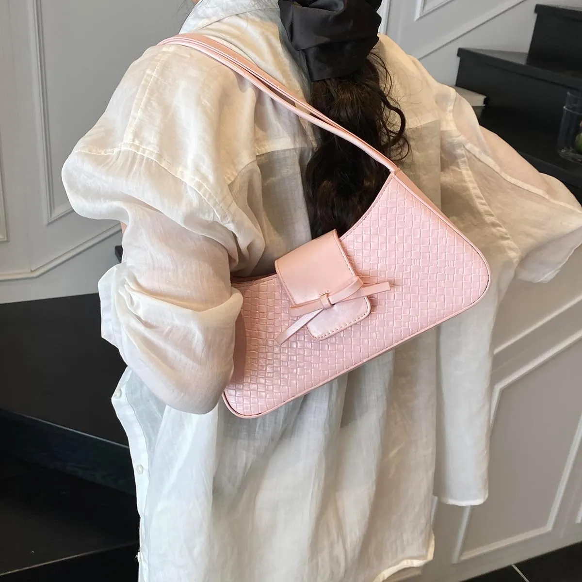 Shoulder Bags for Women Woven Purses and Handbags Coquette Bow Purse Y2k Bag Vegan Leather Small Clutch Hobo Handbag