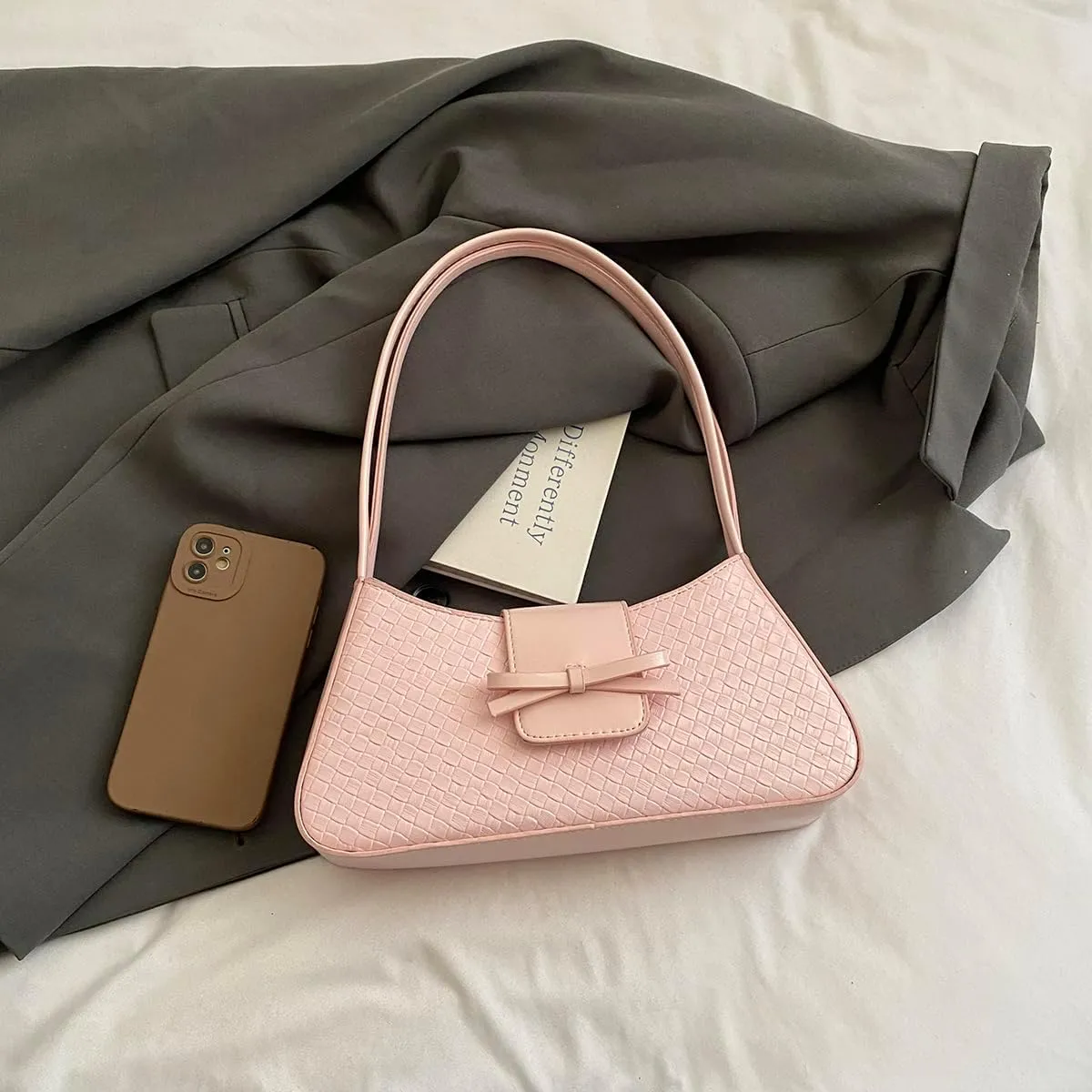 Shoulder Bags for Women Woven Purses and Handbags Coquette Bow Purse Y2k Bag Vegan Leather Small Clutch Hobo Handbag