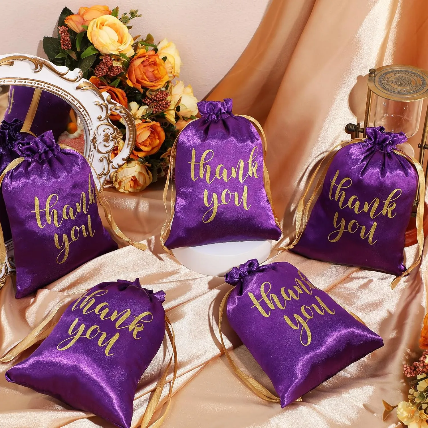 Sieral 50 Pcs Thank You Satin Gift Bags with Drawstring Jewelry Candy Bags for Wedding Bridal Shower Gift Wrap Bags for Birthday Party Anniversary Favor(Purple,5 x 7 Inch)