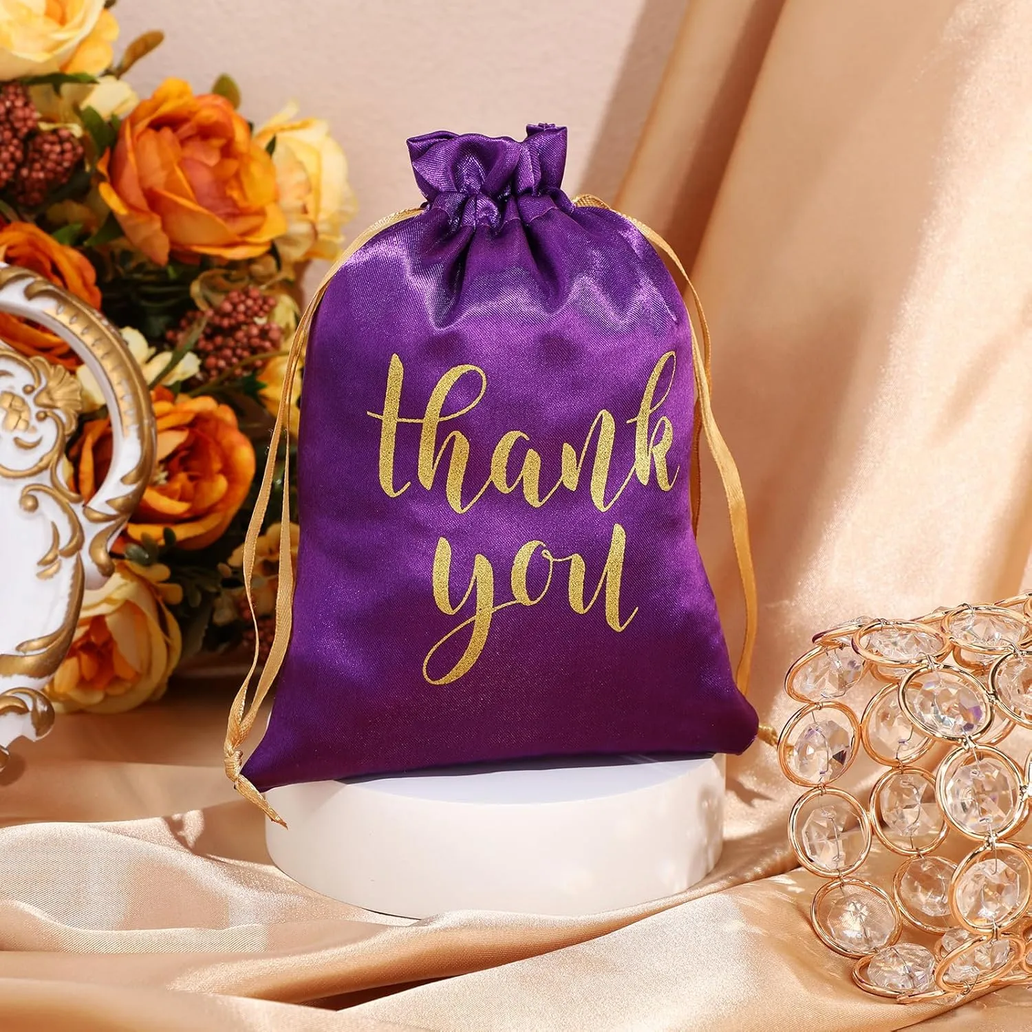 Sieral 50 Pcs Thank You Satin Gift Bags with Drawstring Jewelry Candy Bags for Wedding Bridal Shower Gift Wrap Bags for Birthday Party Anniversary Favor(Purple,5 x 7 Inch)