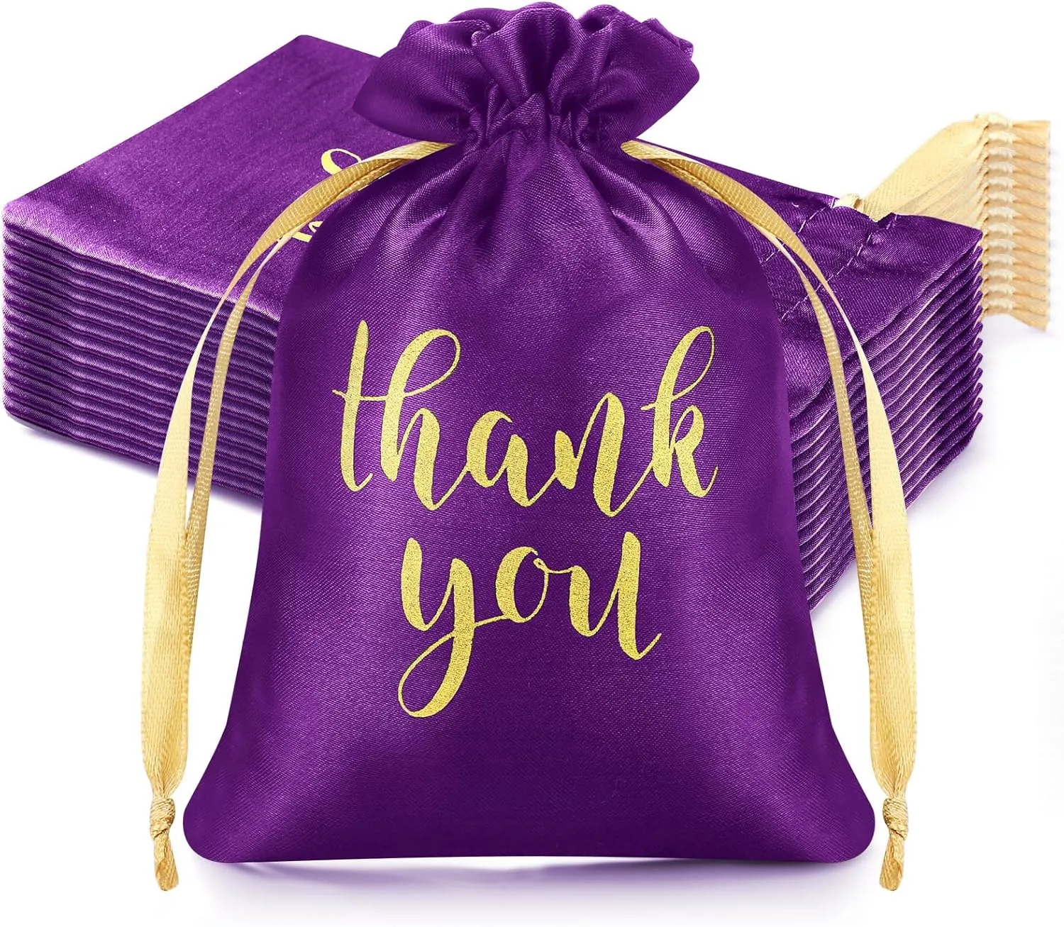 Sieral 50 Pcs Thank You Satin Gift Bags with Drawstring Jewelry Candy Bags for Wedding Bridal Shower Gift Wrap Bags for Birthday Party Anniversary Favor(Purple,5 x 7 Inch)