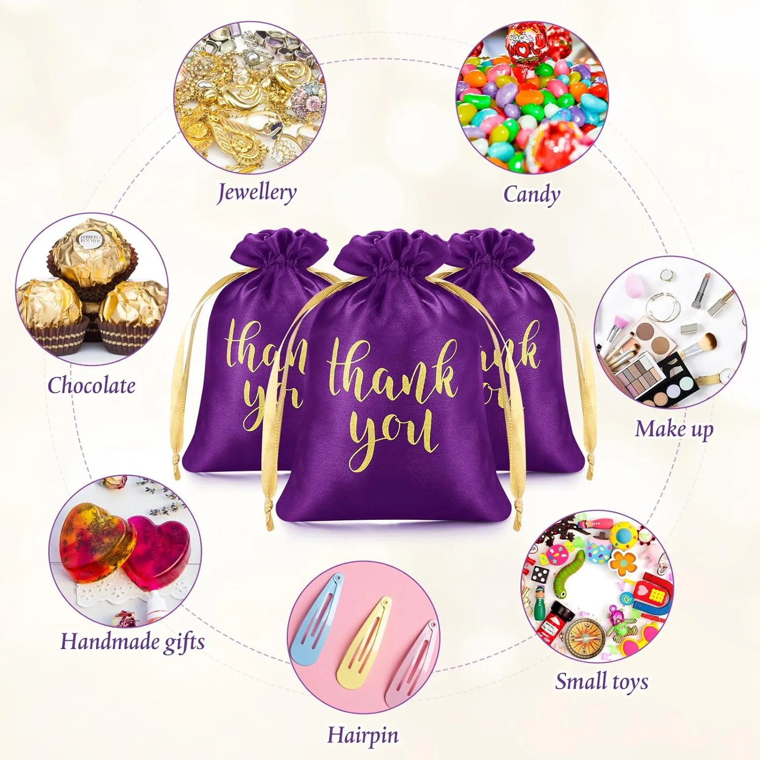 Sieral 50 Pcs Thank You Satin Gift Bags with Drawstring Jewelry Candy Bags for Wedding Bridal Shower Gift Wrap Bags for Birthday Party Anniversary Favor(Purple,5 x 7 Inch)