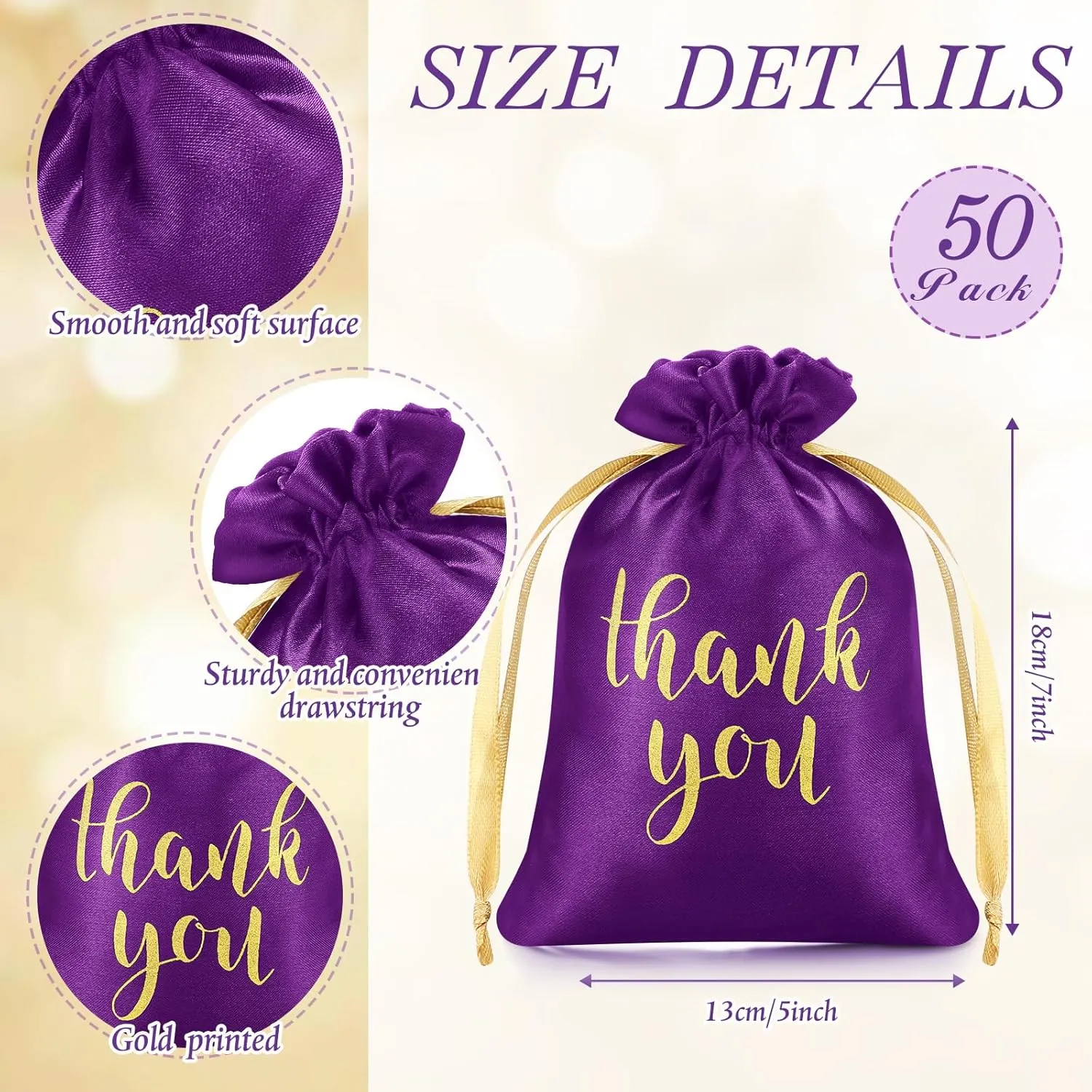 Sieral 50 Pcs Thank You Satin Gift Bags with Drawstring Jewelry Candy Bags for Wedding Bridal Shower Gift Wrap Bags for Birthday Party Anniversary Favor(Purple,5 x 7 Inch)