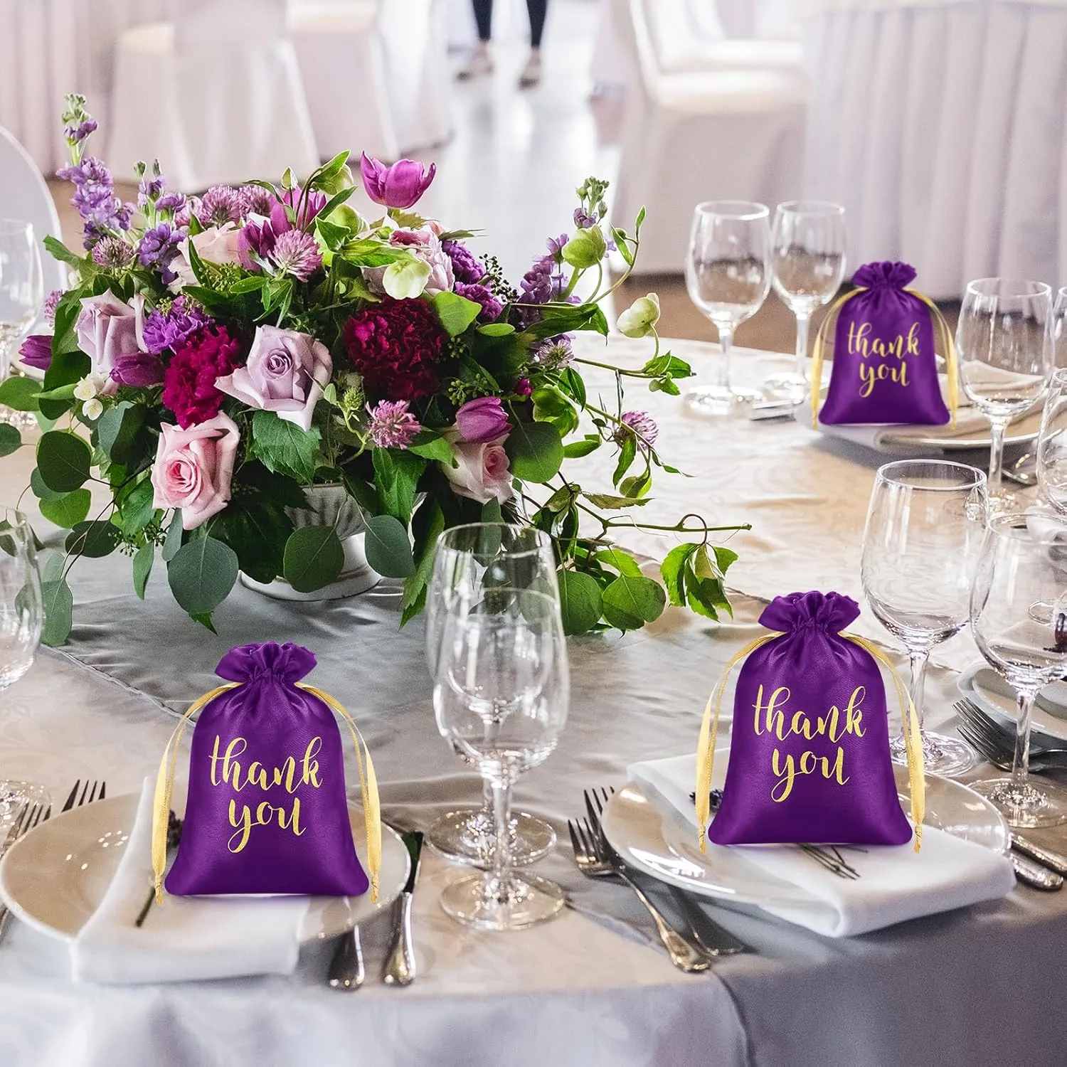 Sieral 50 Pcs Thank You Satin Gift Bags with Drawstring Jewelry Candy Bags for Wedding Bridal Shower Gift Wrap Bags for Birthday Party Anniversary Favor(Purple,5 x 7 Inch)
