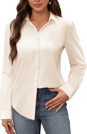 siliteelon Women's Stain Shield Dress Shirts Wrinkle Free Long Sleeve Shirts Solid Work Business Button Down Shirts