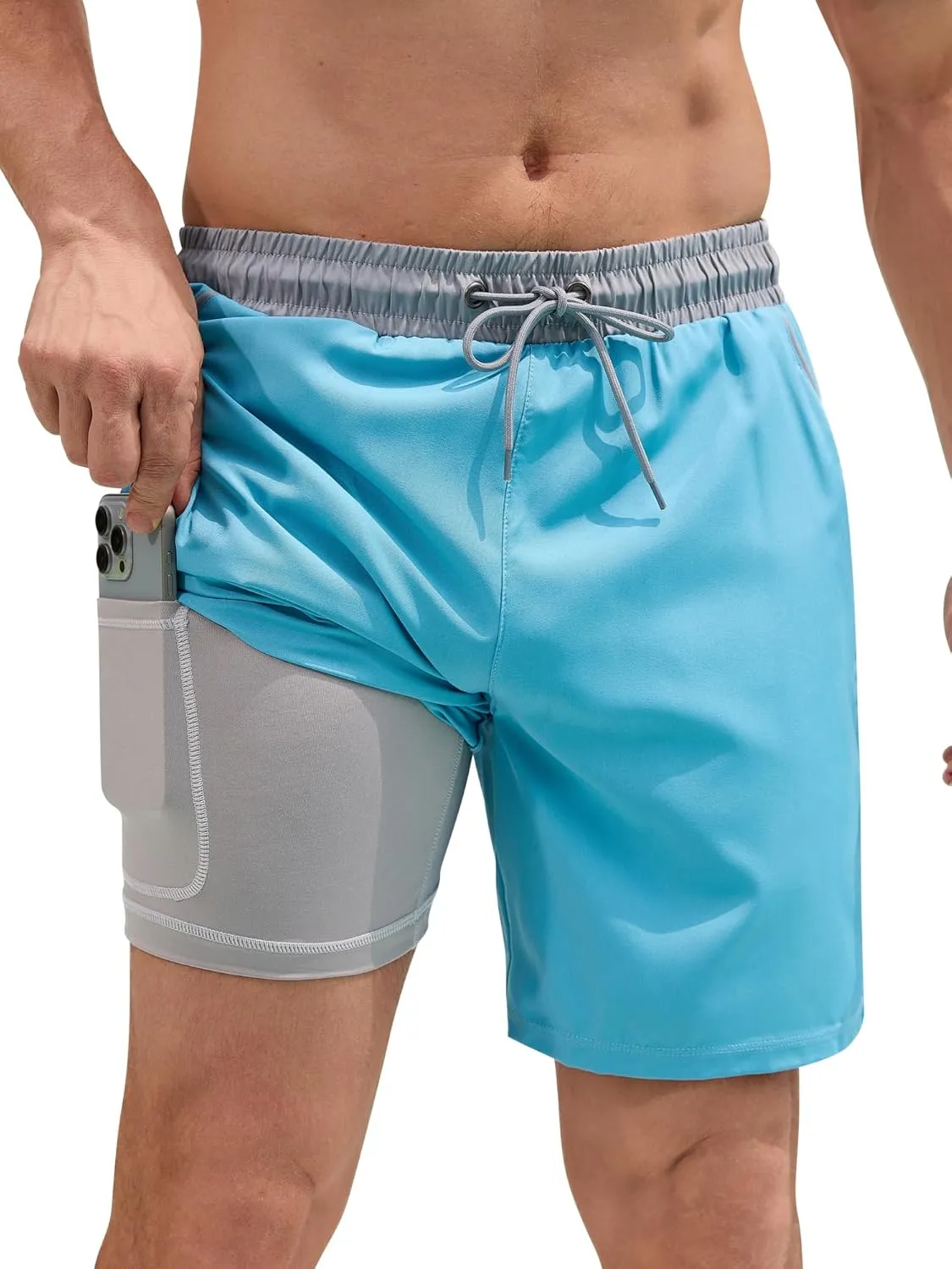 SILKWORLD Quick Dry Mens Swim Trunks with Compression Liner 7" Mens Bathing Suits with Zip Pockets