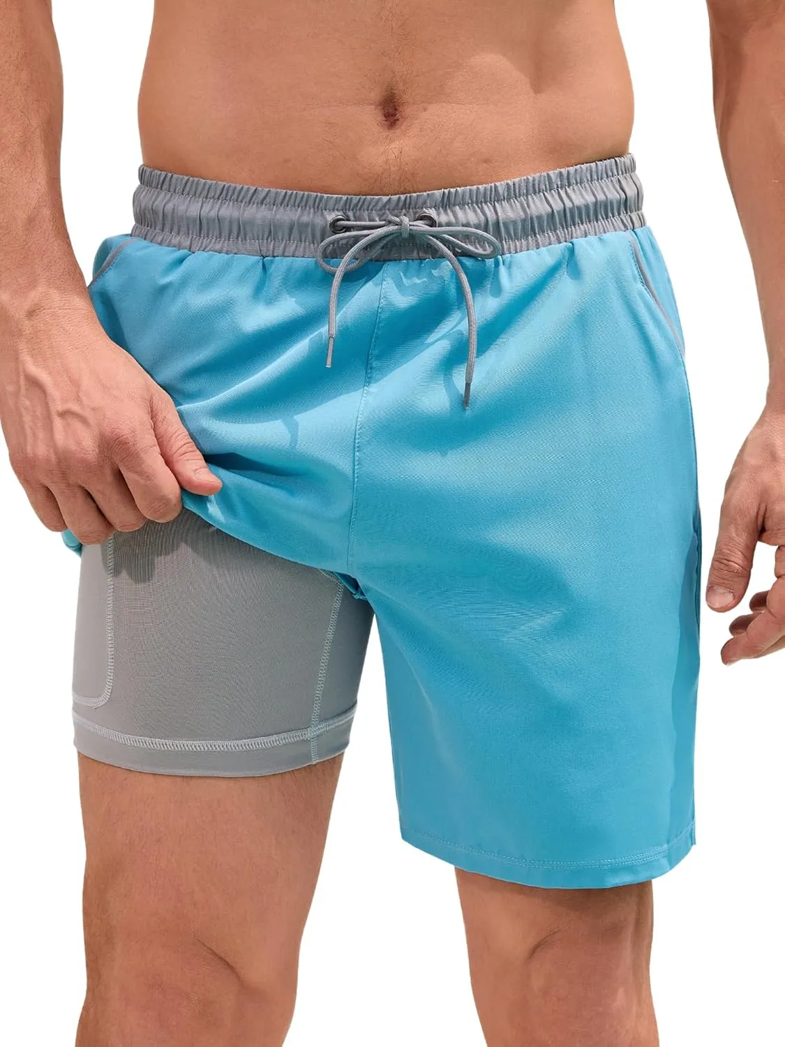 SILKWORLD Quick Dry Mens Swim Trunks with Compression Liner 7" Mens Bathing Suits with Zip Pockets