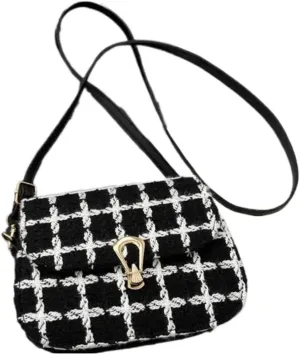 Simple Plaid Bag Lock Buckle Stylish Casual Shoulder Crossbody Square Bag Woolen Handbag Clutch Tote