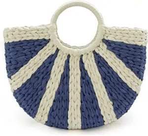 Simple Retro Semi-circle Rattan Straw Bag Hand-Woven Round Handle Handbags Summer Beach Bag Tote Straw Bag Purse (Blue&Beige)