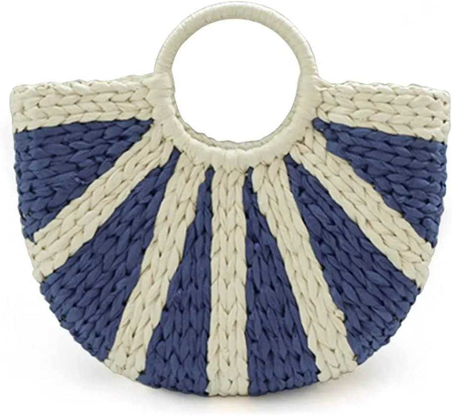 Simple Retro Semi-circle Rattan Straw Bag Hand-Woven Round Handle Handbags Summer Beach Bag Tote Straw Bag Purse (Blue&Beige)