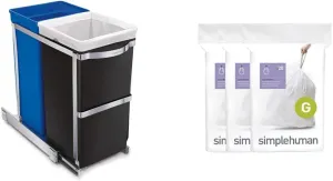 simplehuman 35 Liter / 9.3 Gallon Dual Compartment Under Counter Kitchen Cabinet Pull-Out Recycling Bin and Trash Can & Code G Custom Fit Drawstring Trash Bags, 60 Pack, White, 60 Count