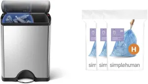 simplehuman 46 Liter / 12.2 Gallon Rectangular Dual Compartment Recycling Kitchen Step Trash Can & Code H Custom Fit Drawstring Recycling Trash Bags, 30-35 Liter / 8-9 Gallon, Blue, 60 Count