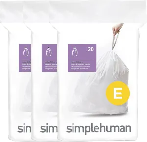 simplehuman Code E 60 Count, Dispenser Pack Custom Fit Liners, Drawstring Trash Bags, 20 Liter / 5.3 Gallon, White