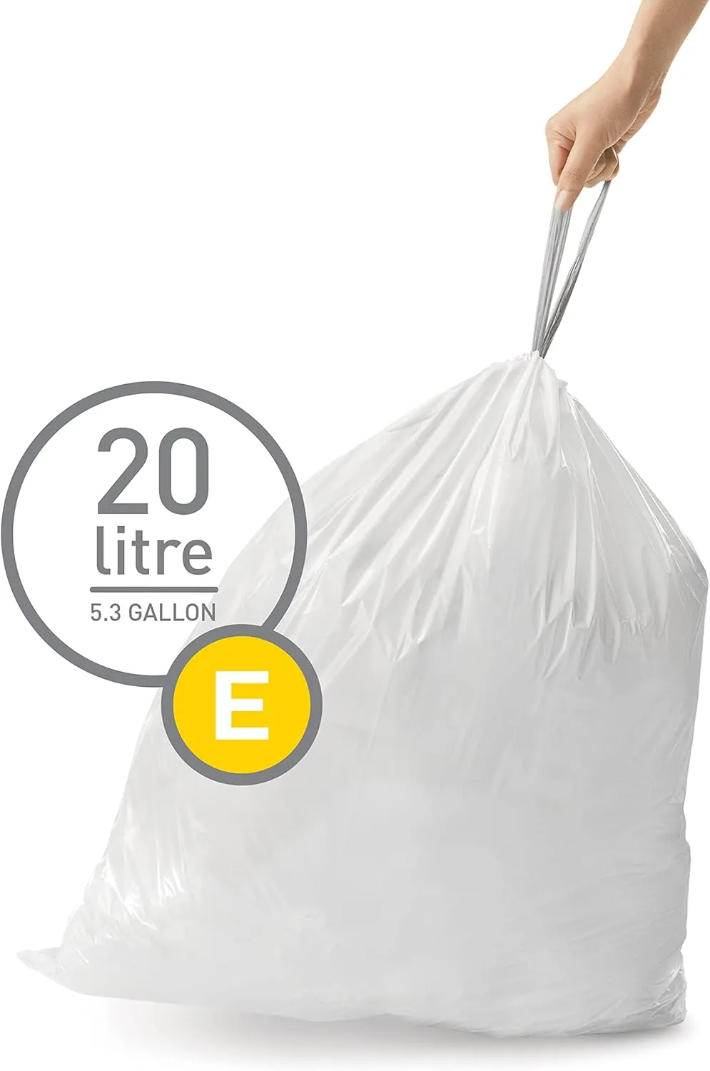 simplehuman Code E 60 Count, Dispenser Pack Custom Fit Liners, Drawstring Trash Bags, 20 Liter / 5.3 Gallon, White
