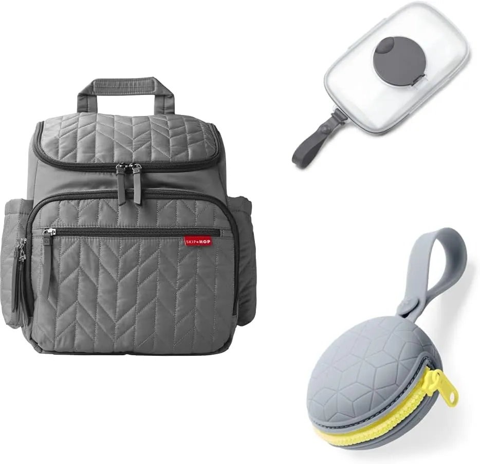 Skip Hop Diaper Bag Baby Essentials Gift Set with Diaper Bag, Pacifier Pocket, and Wipes Case, Forma Grey
