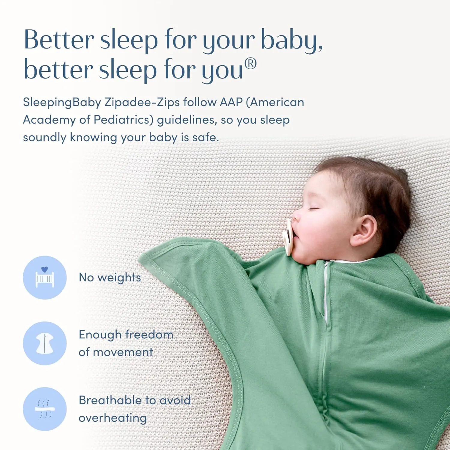 SleepingBaby Zipadee-Zip Transition Swaddle - Cozy Baby Swaddle Blanket with Zipper Convenience - Roomy Wearable Blanket for Easy Diaper Changes - Basil, Medium (6-12 Month)
