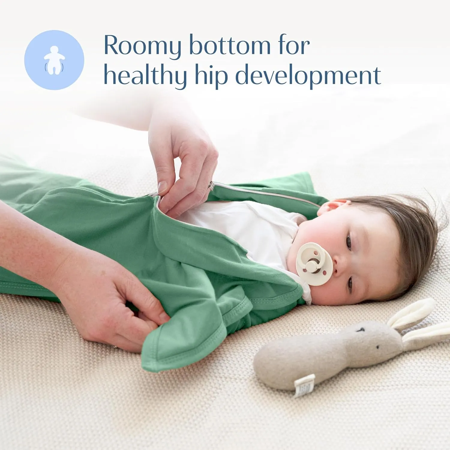 SleepingBaby Zipadee-Zip Transition Swaddle - Cozy Baby Swaddle Blanket with Zipper Convenience - Roomy Wearable Blanket for Easy Diaper Changes - Basil, Medium (6-12 Month)