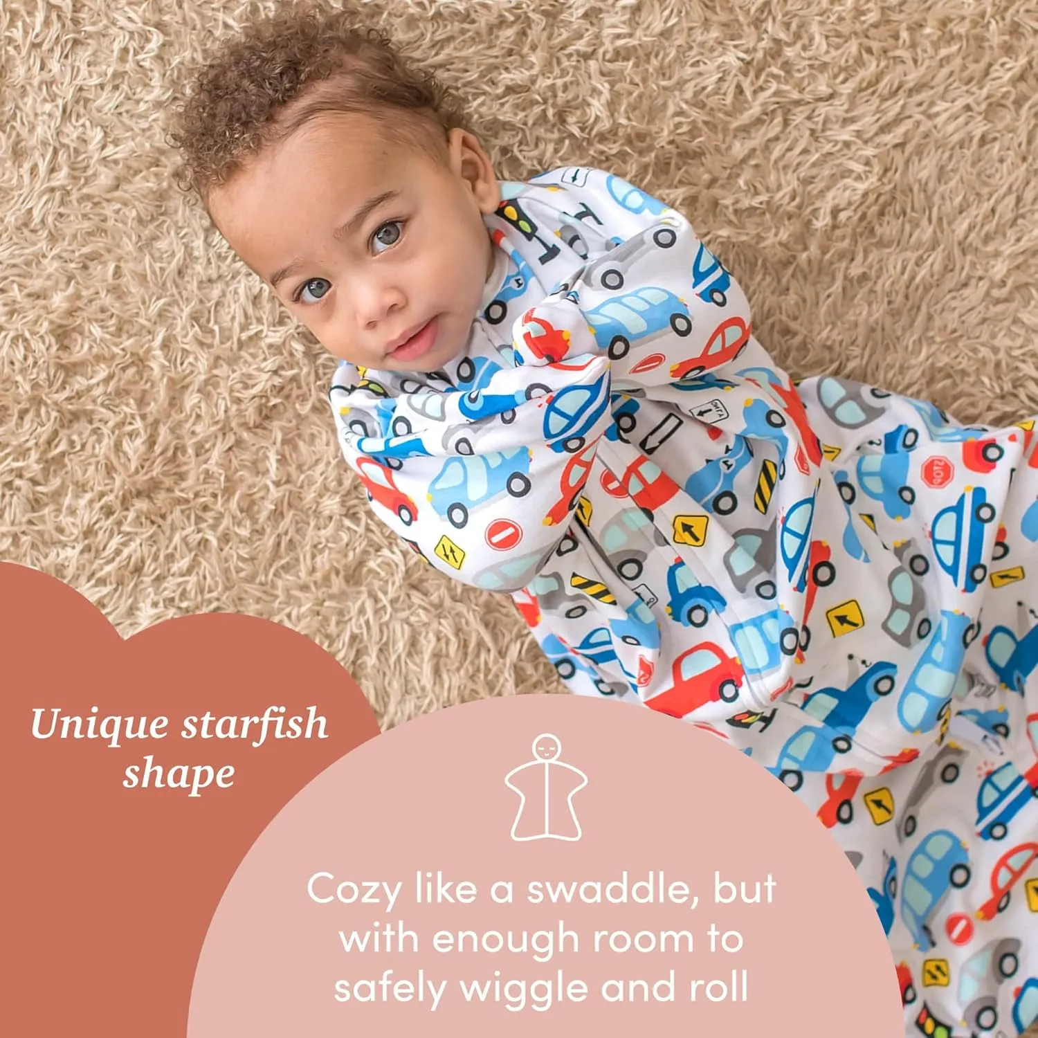 SleepingBaby Zipadee-Zip Transition Swaddle - Roomy Baby Swaddle Blanket with Zipper Convenience - Busy Road, XS (3-6 Months)