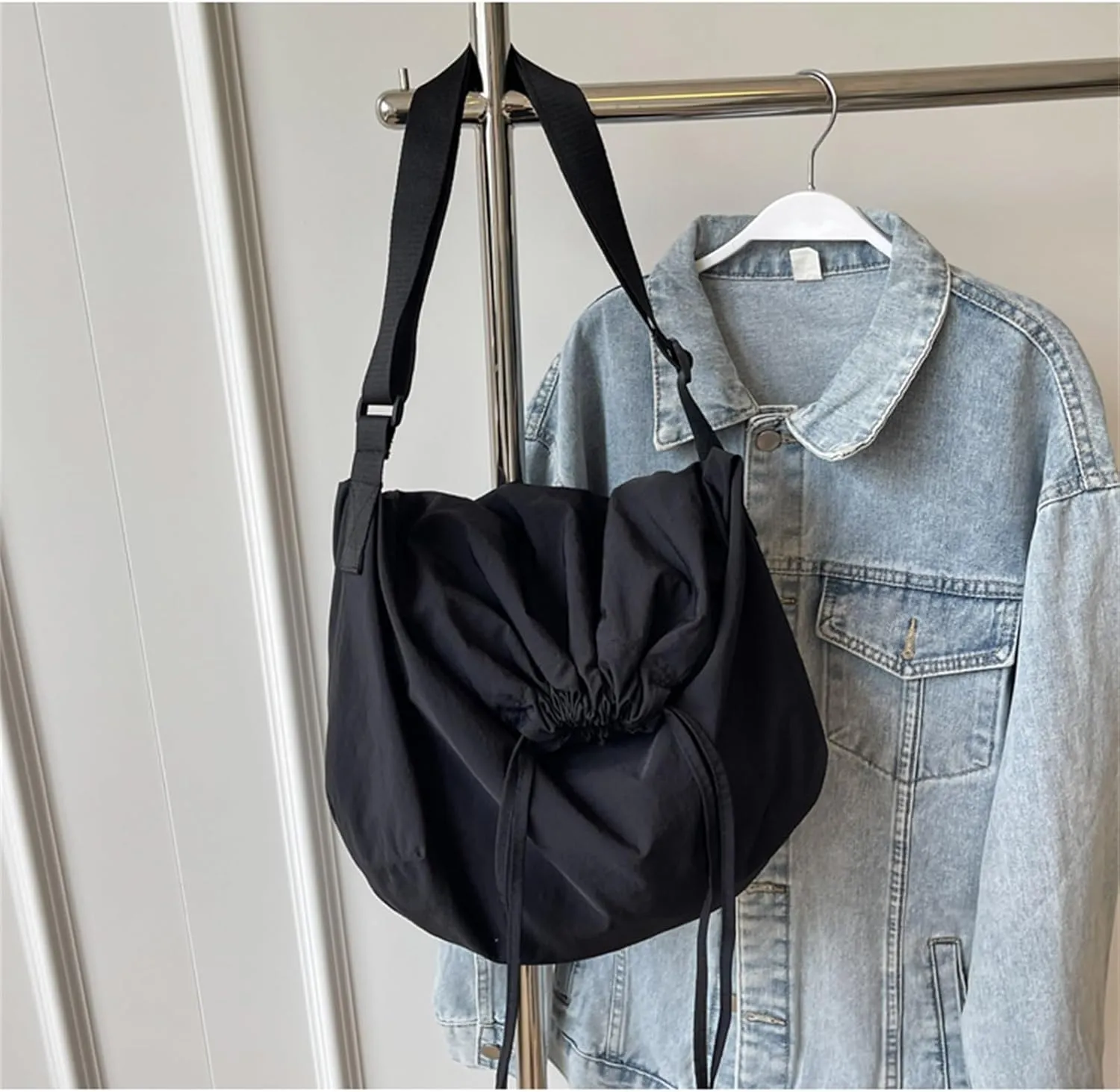Sling Bag for Women Drawstring Crossbody Bag Nylon Casual Satchel Purse Shoulder Handbag Hobo Bag for Office Travel