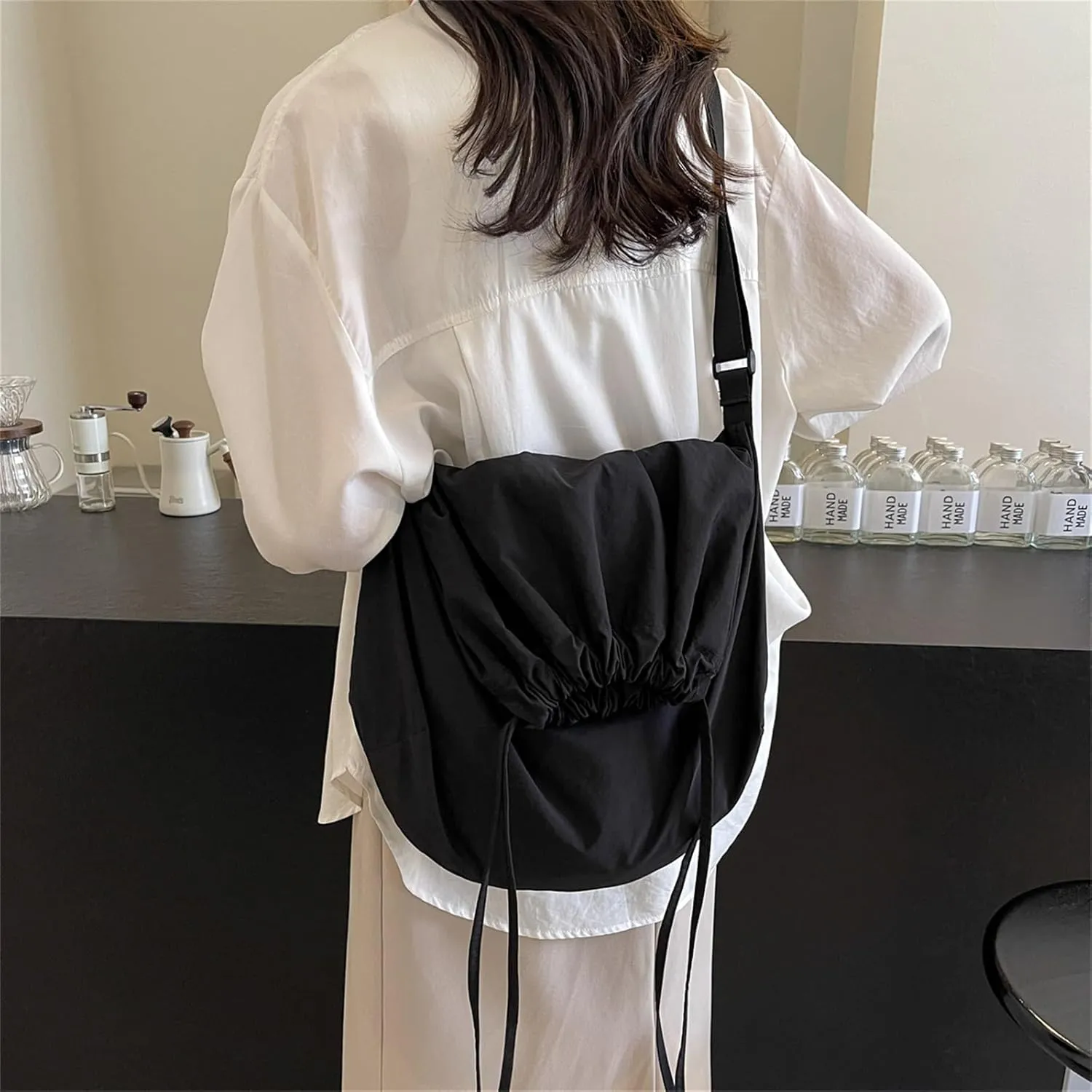 Sling Bag for Women Drawstring Crossbody Bag Nylon Casual Satchel Purse Shoulder Handbag Hobo Bag for Office Travel