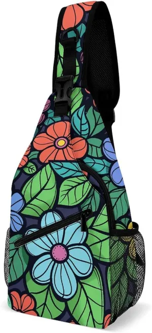 Sling Bags for Women Men Green Leaves Graffiti Art Sling Backpack Adjustable Belt Casual Chest Daypack Bum Bags Fanny Pack for Travel Sports Running Hiking Waist Packs