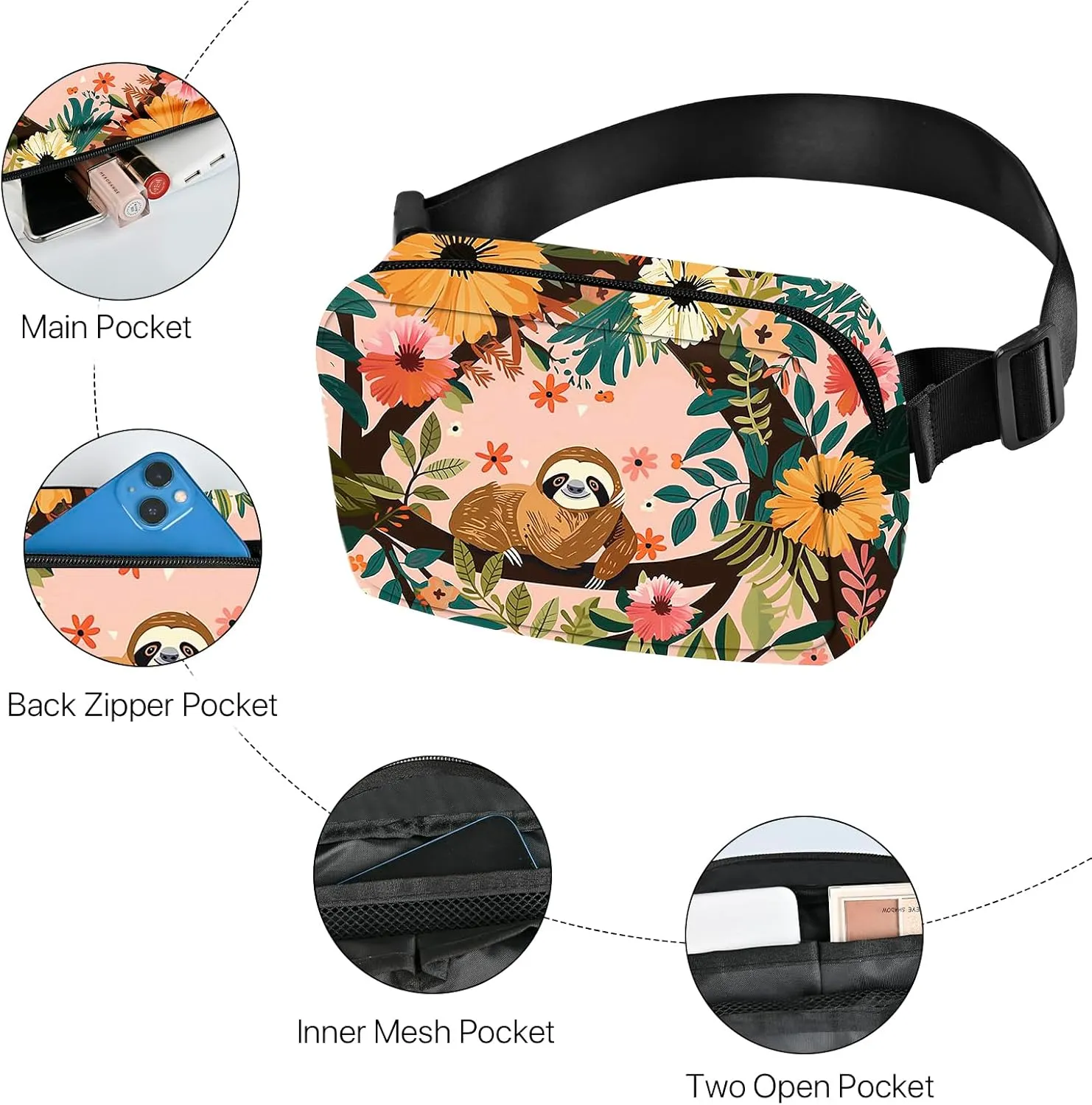 Sloth Fanny Pack Travel Belt Bag Fashion Crossbody Bags for Women Waist Pack Lightweight with Adjustable Strap