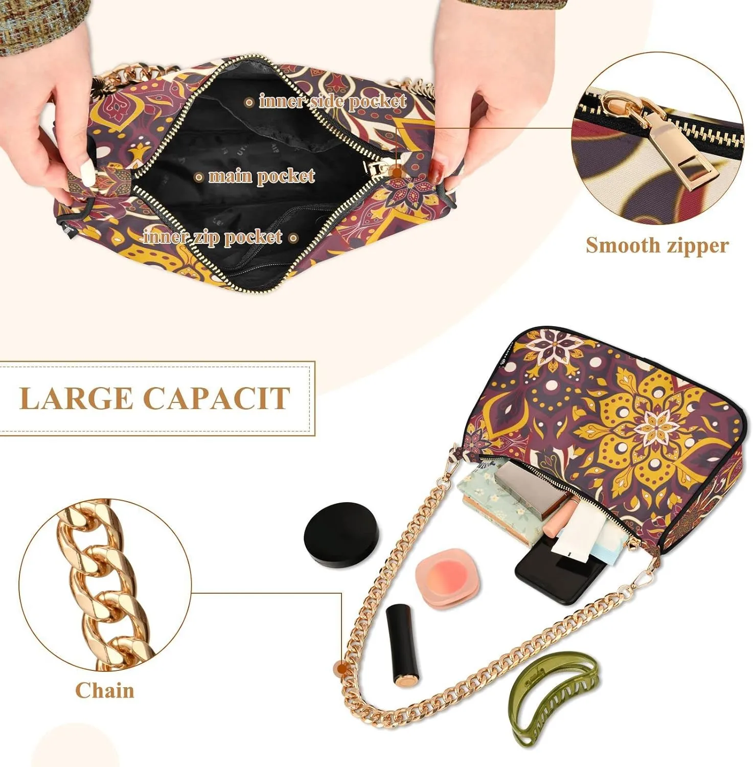 Small Chain Shoulder Bag for Women Travel Hobo Tote Handbag Clutch Purse with Zipper