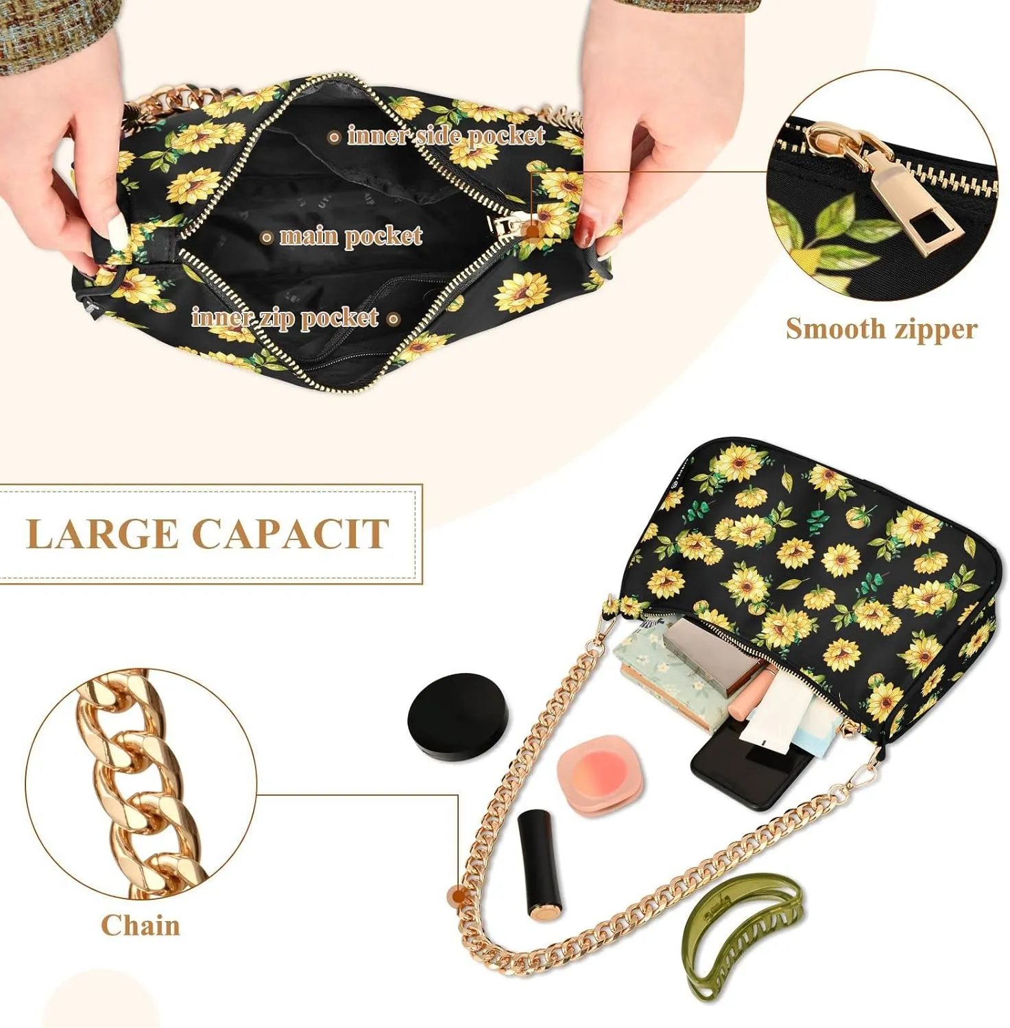 Small Chain Shoulder Bag for Women Travel Hobo Tote Handbag Clutch Purse with Zipper