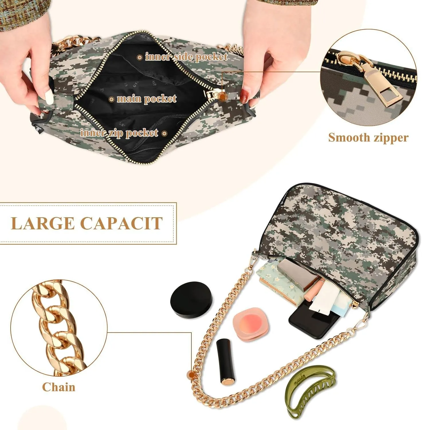 Small Chain Shoulder Bag for Women Travel Hobo Tote Handbag Clutch Purse with Zipper