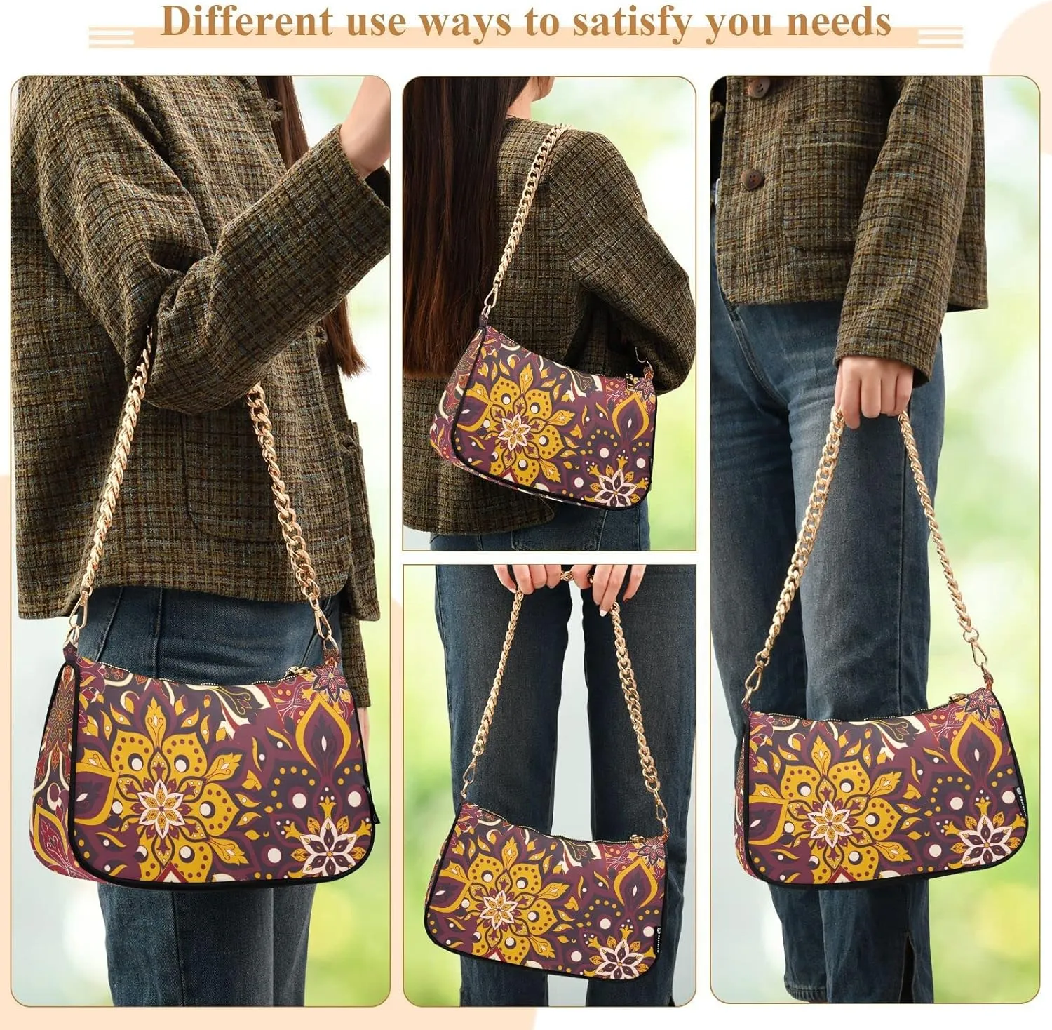 Small Chain Shoulder Bag for Women Travel Hobo Tote Handbag Clutch Purse with Zipper