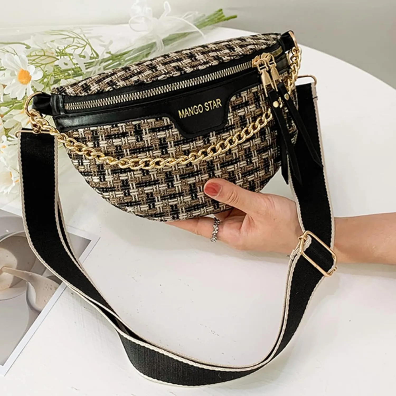 Small Crossbody Shoulder Bags for Women Fanny Packs Belt Chest Bag Knitting Crochet Waist Pouch Lightweight Phone Purse for Outdoor Traveling