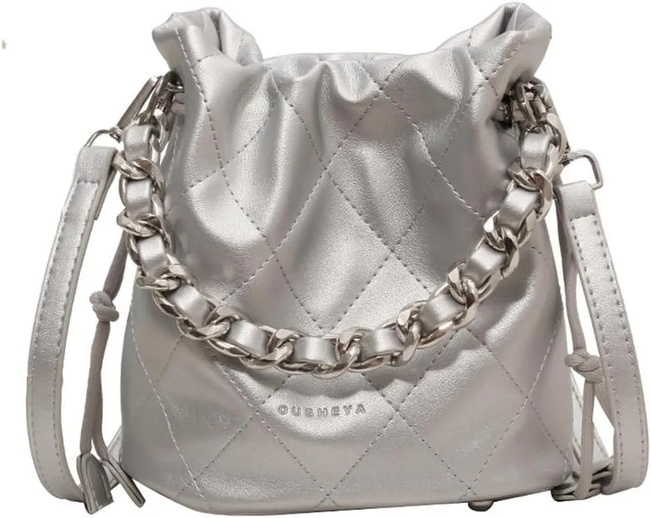 Small Leather Quilted Bucket Bag Crossbody Drawstring Bucket Handbag Thick Chain Satchel Shoulder Bucket Tote Bag