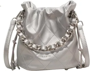 Small Leather Quilted Bucket Bag Crossbody Drawstring Bucket Handbag Thick Chain Satchel Shoulder Bucket Tote Bag