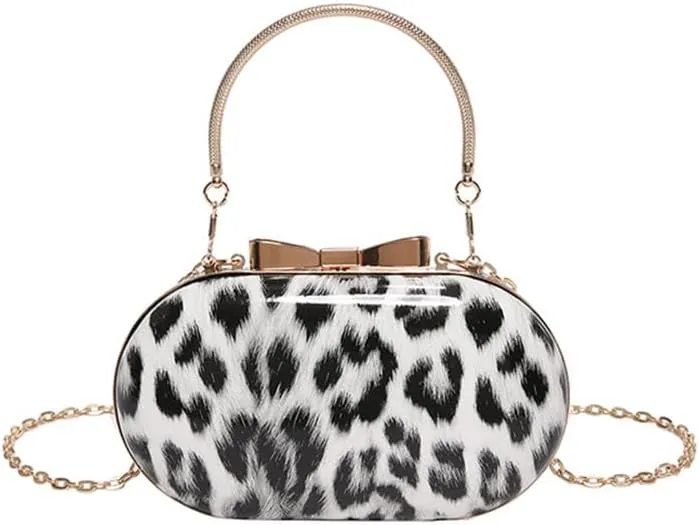 Small Leopard Print Clutch Evening Tote Bag Top Handle Cheetah Print Satchel Handbag with Chain Animal Print Purse