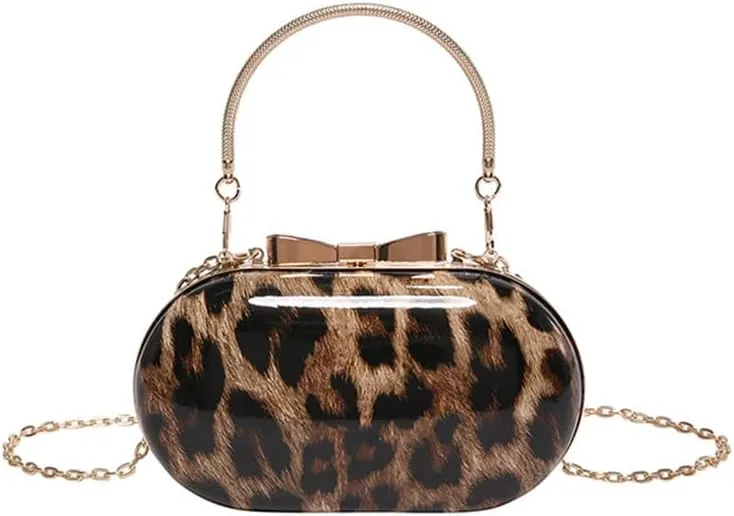 Small Leopard Print Clutch Evening Tote Bag Top Handle Cheetah Print Satchel Handbag with Chain Animal Print Purse
