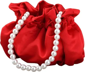 Small Wristlet Purses Mini Bucket Bag Women Hobo Bag with Faux Pearl Chain (Red)