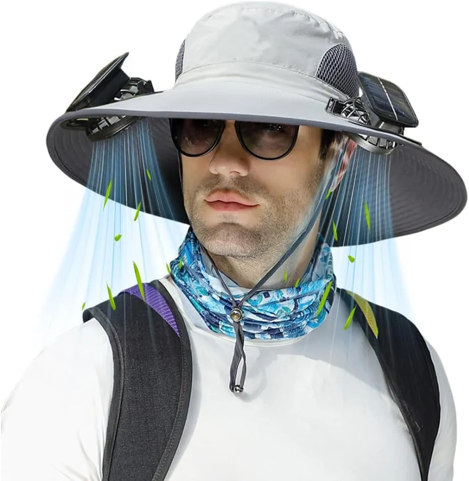 Solar Fan Hat for Men Women,Outdoor Fishing Wide Brim Sun Hat with Fans Built in Solar Power UPF 50  Bucket Fishing & Beach