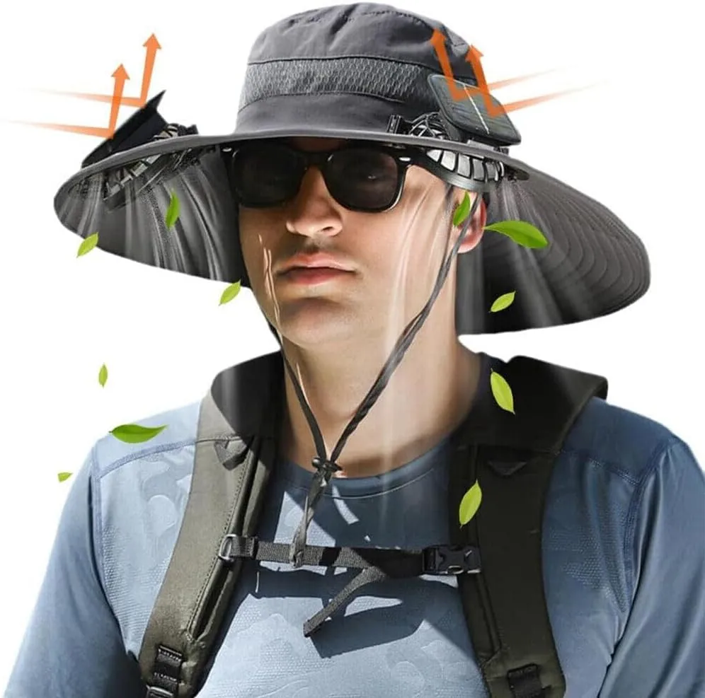 Solar Fan Hat for Men Women,UPF50  Sun Bucket Hat with 2 Solar Fans,Wide Brim Sun Hats for Outdoor Fishing,Hiking, Beach